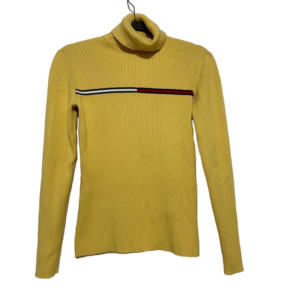 Tommy Hilfiger Yellow Ribbed Turtleneck Sweater Small Preppy Academia Old Money